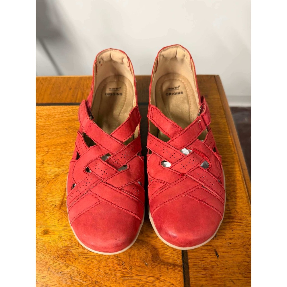 Earth Origins Womens 9M Red Pink Rapid Teddy Leather Flats Comfort Cut Out Strap